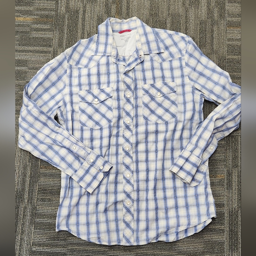 Banana Republic Men's Blue and White Checkered Shirt
